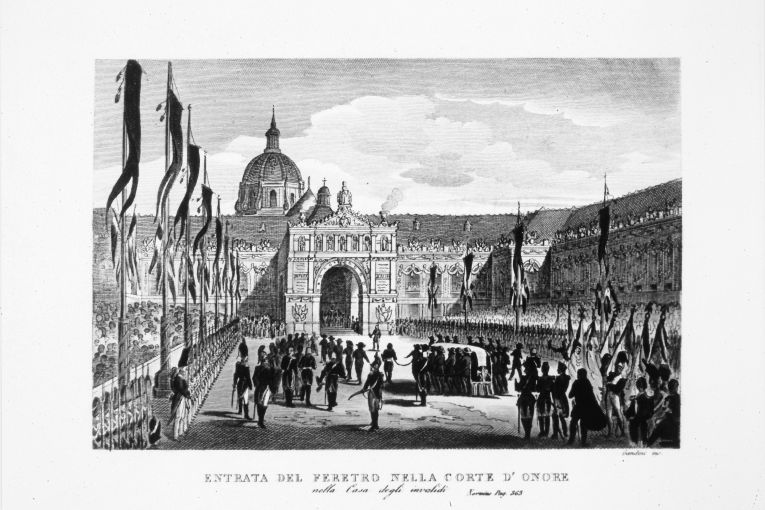 entrata del feretro nella corte della Casa degli Invalidia Parigi (stampa smarginata) di Gandini Domenico (sec. XIX)