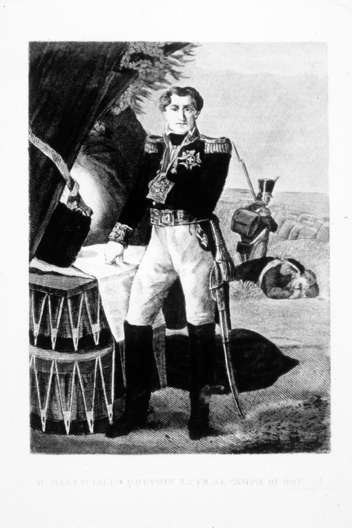Il maresciallo Gouvion Saint Cyr al campo di battaglia diDresda (stampa colorata a mano smarginata) di Clerici Francesco (sec. XIX)