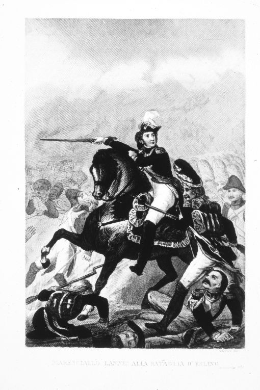 Il maresciallo Lannes alla battaglia d'Esling (stampa colorata a mano smarginata) di Clerici Francesco (sec. XIX)