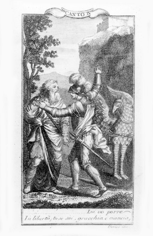 Scena dall'Orlando Furioso: Bradamante costringe Atlante aliberare Ruggiero (canto IV) (stampa smarginata) di Verico Antonio (primo quarto sec. XIX)