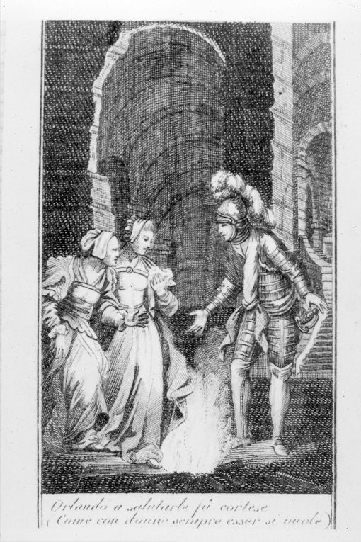 Scena dall'Orlando Furioso: Orlando trova Isabella nellagrotta (canto XII) (stampa smarginata) di Verico Antonio (primo quarto sec. XIX)