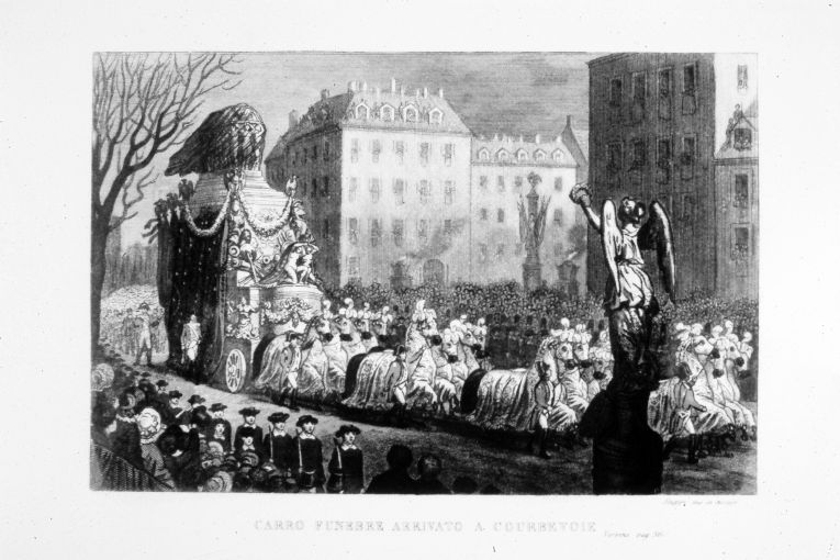 L'arrivo del carro funebre a Courbevoie (stampa colorata a mano smarginata) di Stuppi Giovanni (sec. XIX)