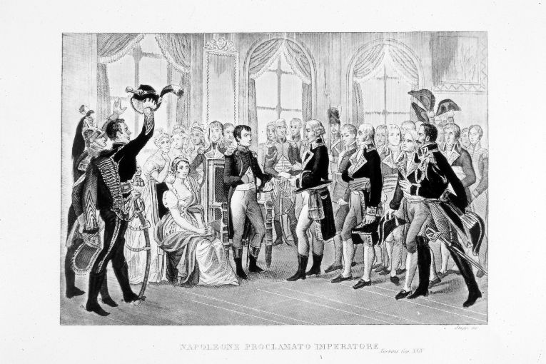 Napoleone Bonaparte viene proclamato imperatore (stampa colorata a mano smarginata) di Stuppi Giovanni (sec. XIX)