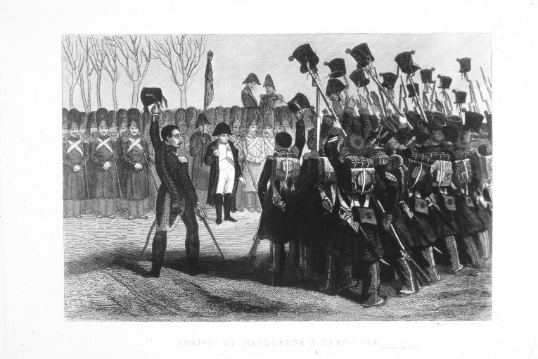La Guardia saluta Napoleone Bonaparte al suo arrivo aGrenoble (stampa colorata a mano smarginata) di Stuppi Giovanni (sec. XIX)