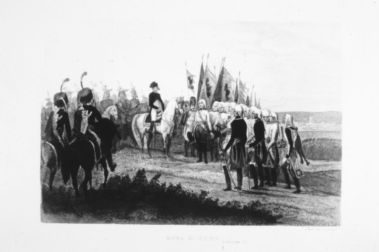 Napoleone Bonaparte riceve gli ufficiali austriaci arresisia Ulm (stampa colorata a mano smarginata) di Sivalli Luigi (sec. XIX)