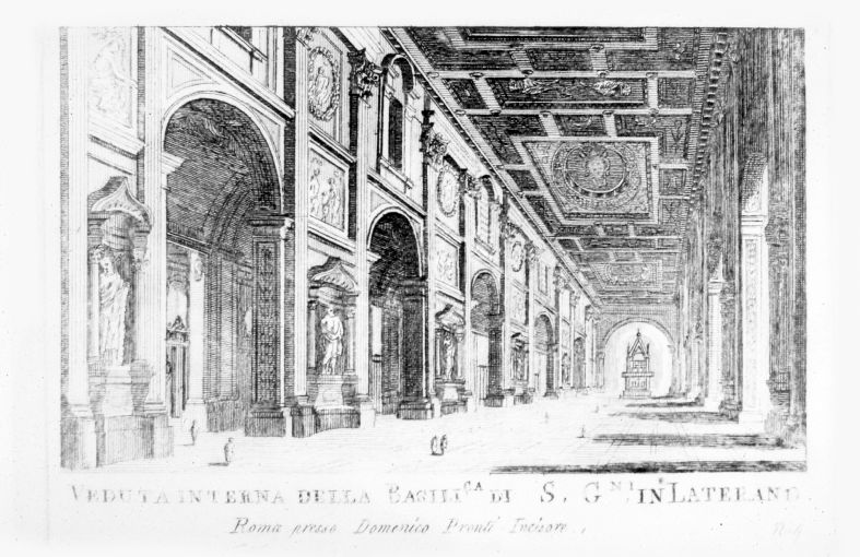 Veduta dell'interno della basilica di San Giovanni in Laterano a Roma (stampa smarginata) di Pronti Domenico (seconda metà sec. XVIII)