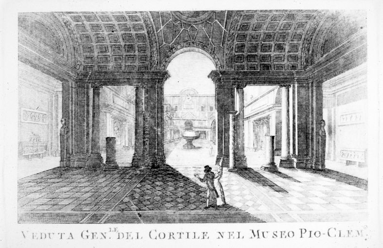 Veduta del cortile del Museo Pio-Clementino a Roma (stampa smarginata) di Pronti Domenico (seconda metà sec. XVIII)