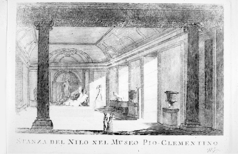 Veduta della Stanza del Nilo nel Museo Pio-Clementino a Roma (stampa smarginata) di Pronti Domenico (seconda metà sec. XVIII)
