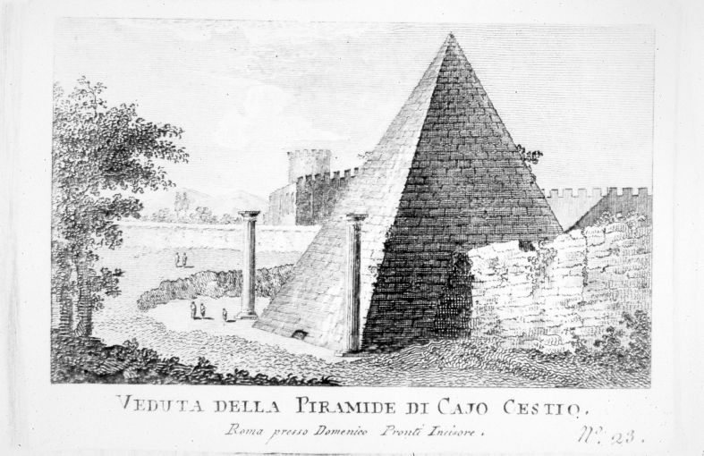 Veduta della Piramide di Caio Cestio a Roma (stampa smarginata) di Pronti Domenico (seconda metà sec. XVIII)