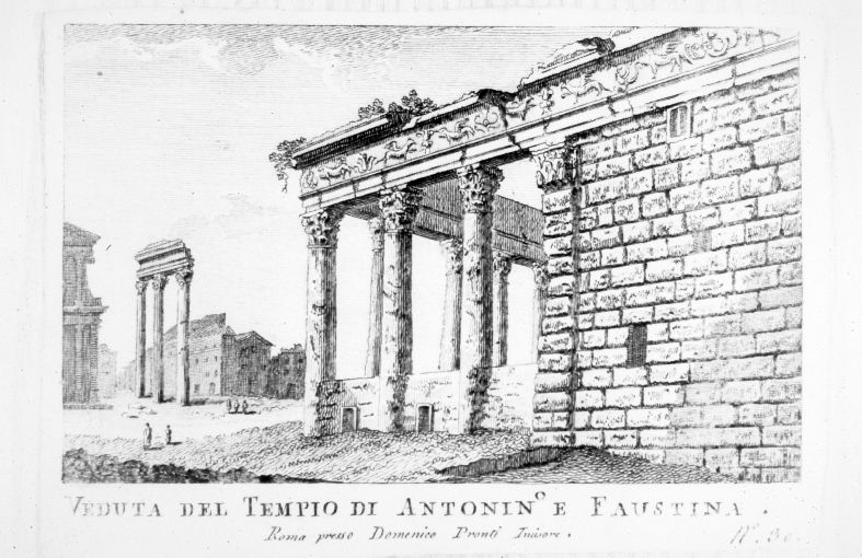 Veduta delle rovine del Tempio di Antonino e Faustina a Roma (stampa smarginata) di Pronti Domenico (seconda metà sec. XVIII)