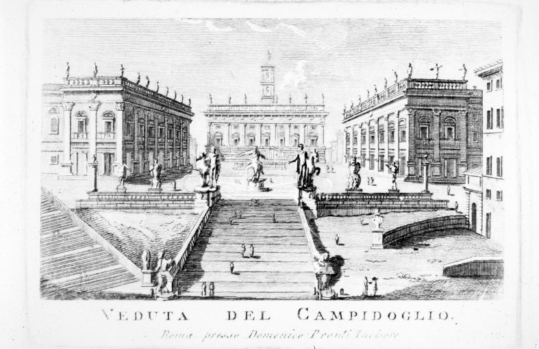 Veduta del Campidoglio a Roma (stampa smarginata) di Pronti Domenico (seconda metà sec. XVIII)