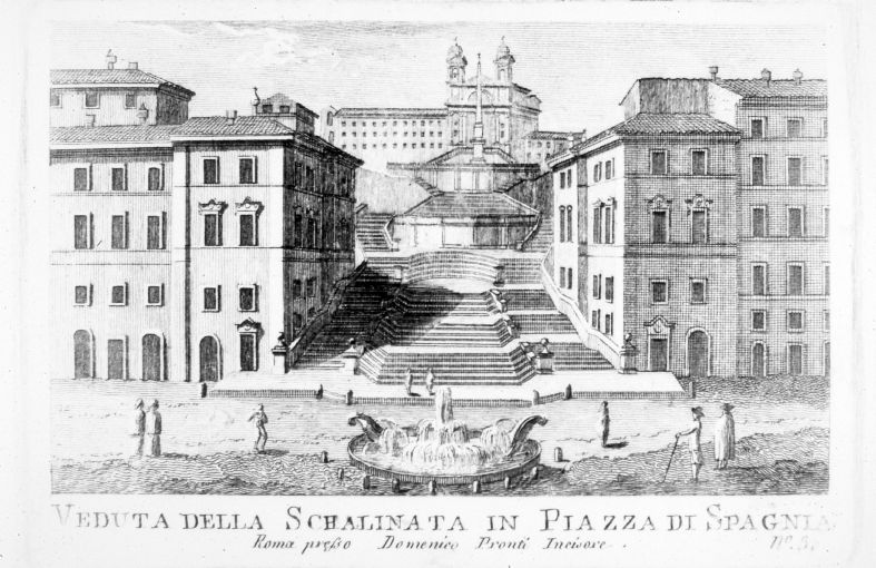 Veduta di Piazza di Spagna e Trinità dei Monti a Roma (stampa smarginata) di Pronti Domenico (seconda metà sec. XVIII)