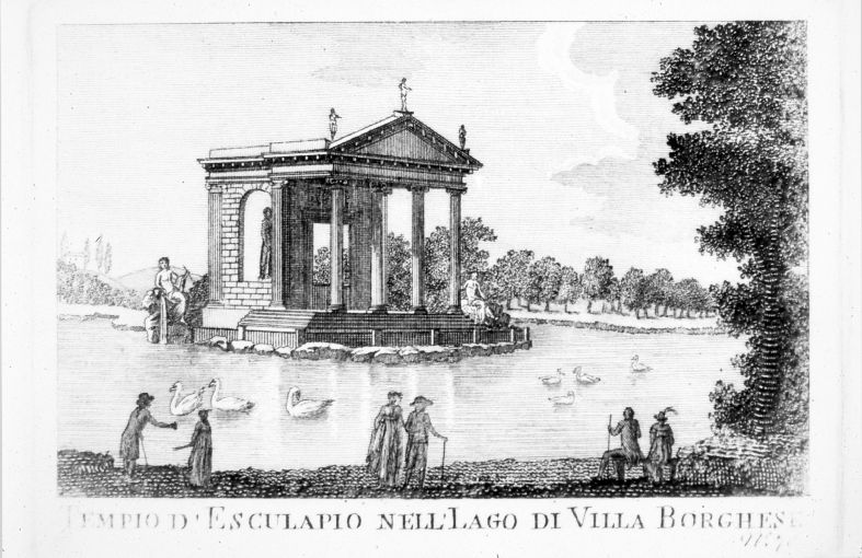 Veduta del Tempio di Esculapio a Villa Borghese (stampa smarginata) di Pronti Domenico (seconda metà sec. XVIII)