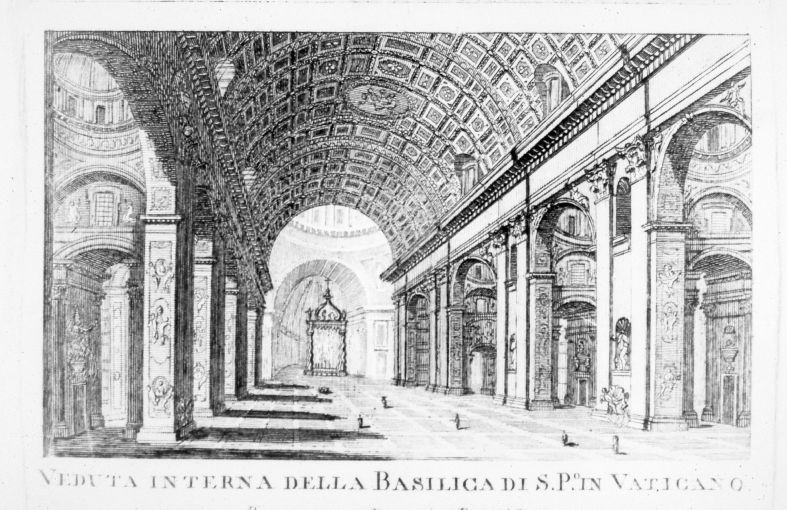 Veduta dell'interno della Basilica di San Pietro in Vaticano (stampa smarginata) di Pronti Domenico (seconda metà sec. XVIII)