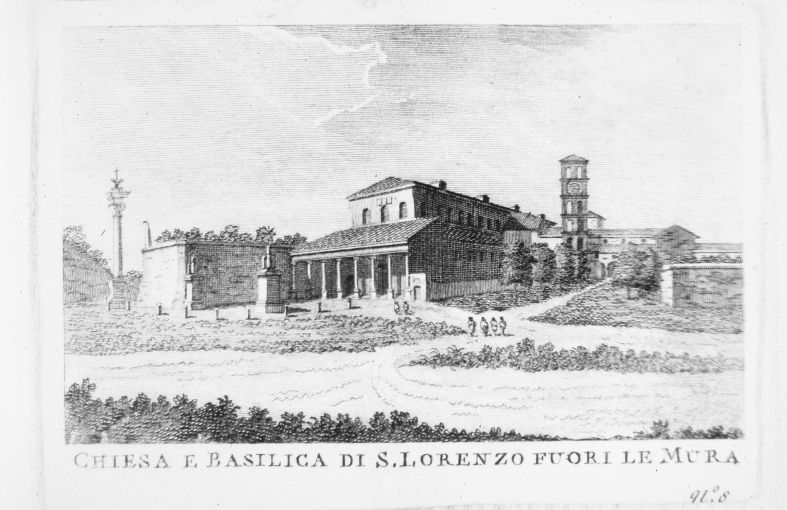 Veduta della basilica di san Lorenzo fuori le Mura a Roma (stampa smarginata) di Pronti Domenico (seconda metà sec. XVIII)