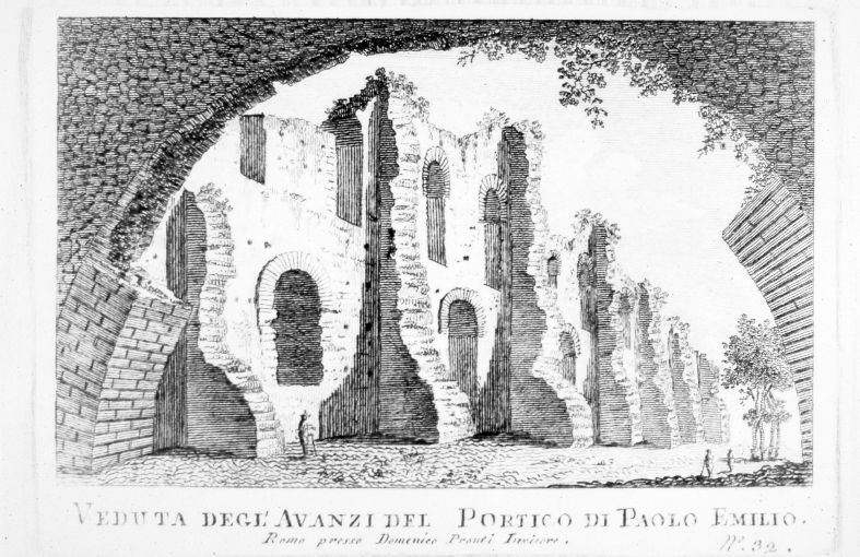 Veduta delle rovine del Portico di Paolo Emilio a Roma (stampa smarginata) di Pronti Domenico (seconda metà sec. XVIII)