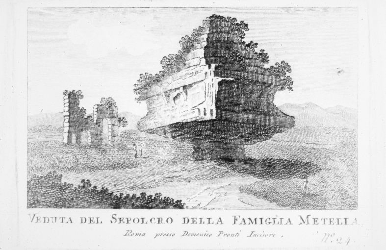 Veduta delle rovine della Tomba di Cecilia Metella (stampa smarginata) di Pronti Domenico (seconda metà sec. XVIII)