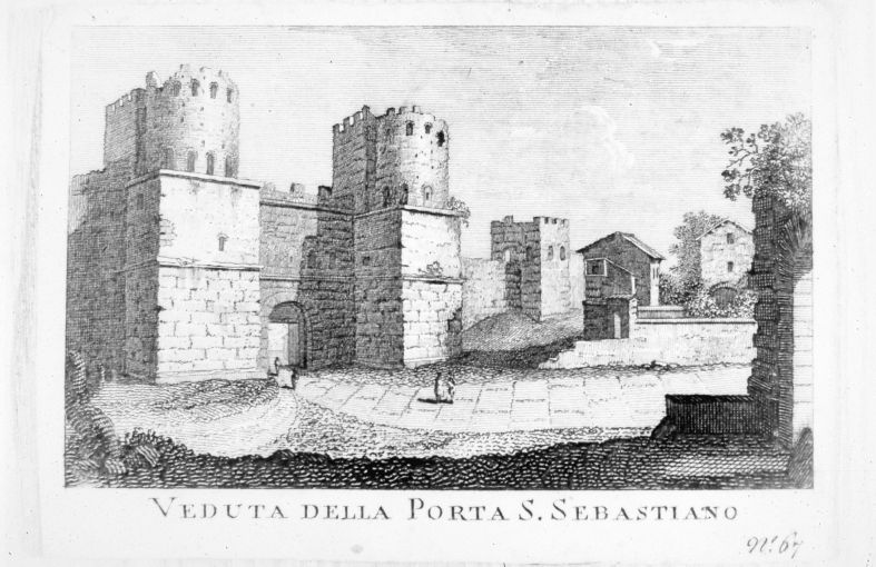 Veduta della Porta San Sebastiano a Roma (stampa smarginata) di Pronti Domenico (seconda metà sec. XVIII)