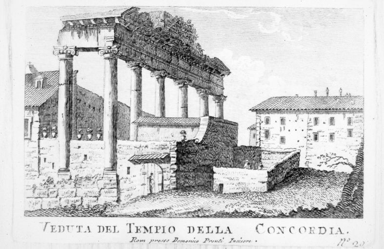 Veduta del Tempio della Concordia a Roma (stampa smarginata) di Pronti Domenico (seconda metà sec. XVIII)