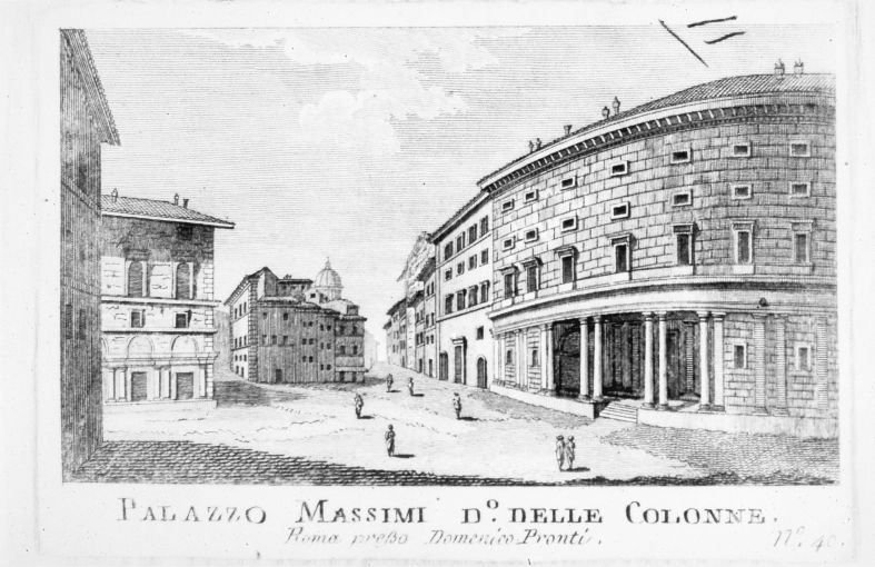 Veduta di Palazzo Massimi detto delle Colonne a Roma (stampa smarginata) di Pronti Domenico (seconda metà sec. XVIII)