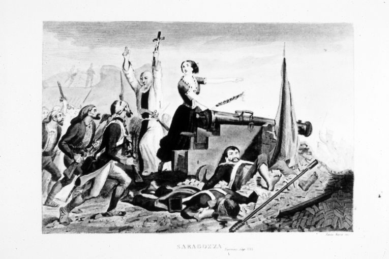 Scena della rivolta di Saragozza (stampa colorata a mano smarginata) di Santamaria Carlo (seconda metà sec. XIX)