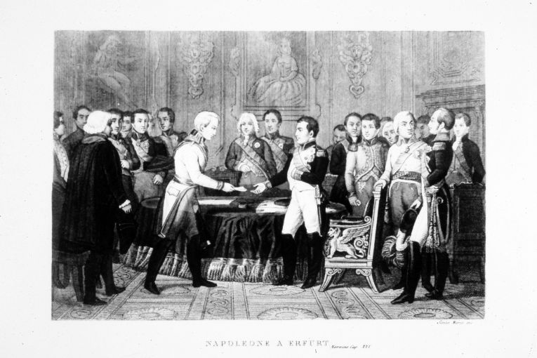 Napoleone Bonaparte riceve gli emissari austriaci a Erfurt (stampa colorata a mano smarginata) di Santamaria Carlo (seconda metà sec. XIX)