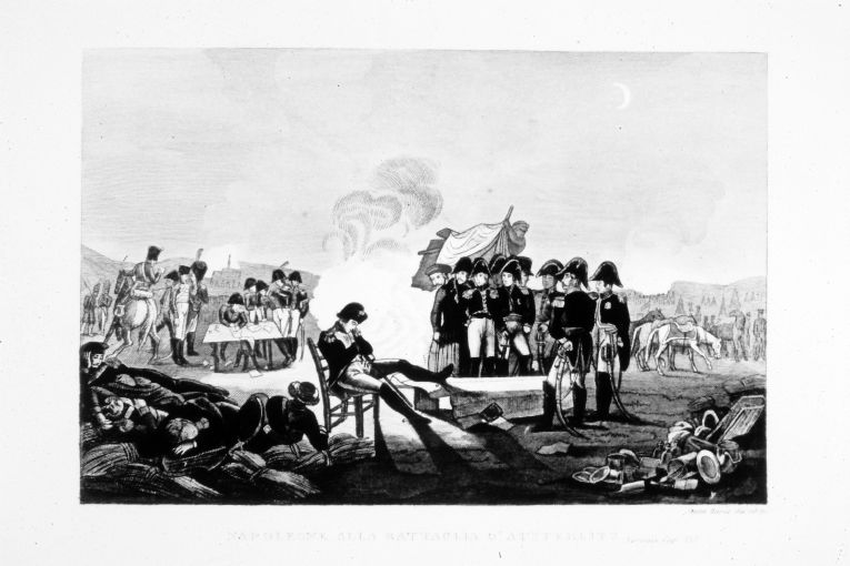 Riposo di Napoleone Bonaparte durante la battaglia diAusterlitz (stampa colorata a mano smarginata) di Santamaria Carlo (seconda metà sec. XIX)