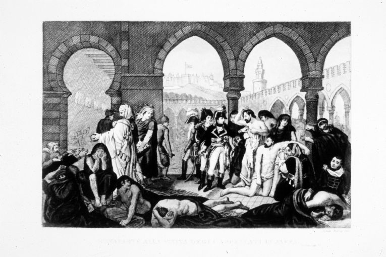 Napoleone Bonaparte visita gli appestati di Jaffa (stampa colorata a mano smarginata) di Santamaria Carlo (seconda metà sec. XIX)