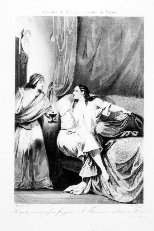 Una domestica sveglia Cristina di Francia, reggente di Savoia (stampa) di Masutti Antonio, Carelli Giacomo (terzo quarto sec. XIX)