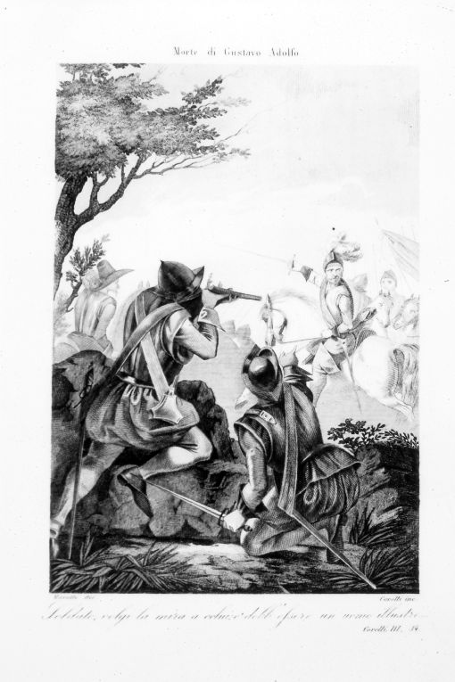Morte di Gustavo Adolfo di Svezia (stampa) di Masutti Antonio, Carelli Giacomo (terzo quarto sec. XIX)
