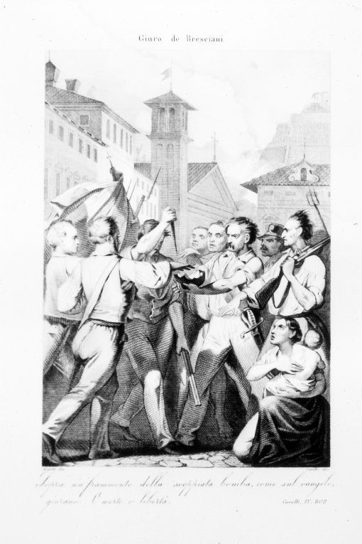 I Bresciani in rivolta contro gli Austriaci giurano su unascheggia di bomba (stampa) di Masutti Antonio, Carelli Giacomo (terzo quarto sec. XIX)