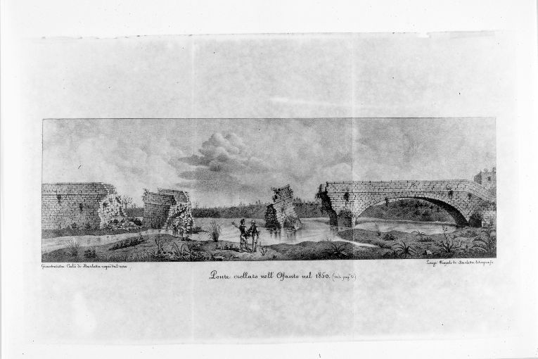 Veduta del ponte sull'Ofanto crollato (stampa) di Calò Giovanni Battista, Rispoli Luigi (sec. XIX)