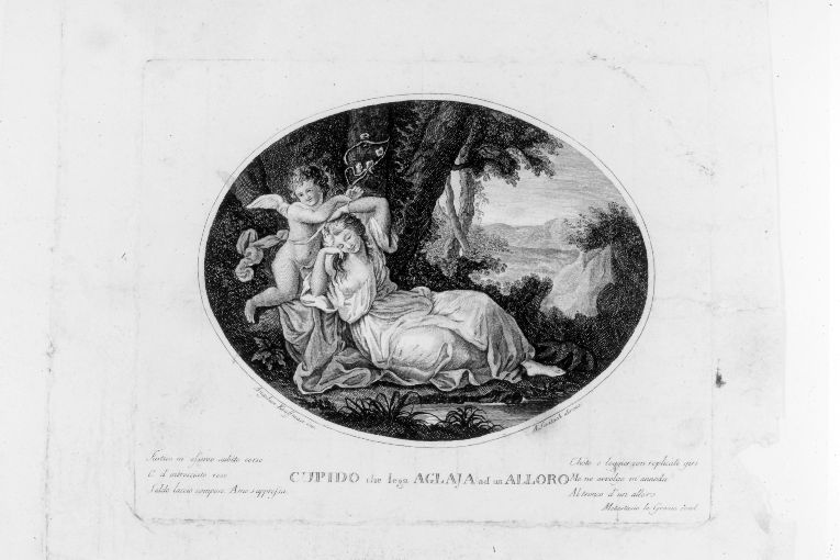 Cupido lega Aglaia ad un alloro (stampa) di Kauffmann Angelica, Suntach Antonio (secc. XVIII/ XIX)