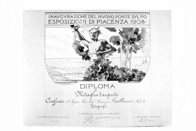 Veduta del ponte sul Po a Piacenza con personificazione delLavoro (stampa a colori) di Romagnosi O (sec. XX)