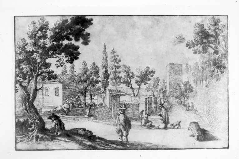 Paesaggio con case e mura urbiche (stampa smarginata) di Cantagallina Remigio (attribuito) (sec. XVII)