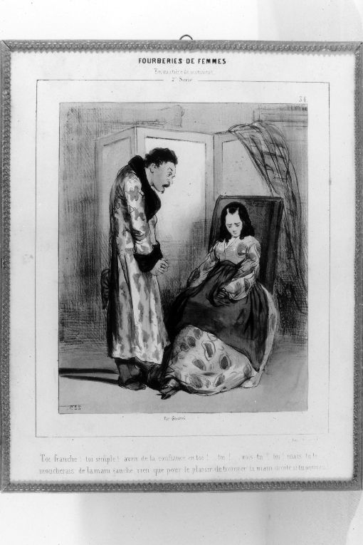 Uomo e donna che discutono (stampa colorata a mano) di Gavariu Sulpice Guillame, D'Aubert B.C (secondo quarto sec. XIX)