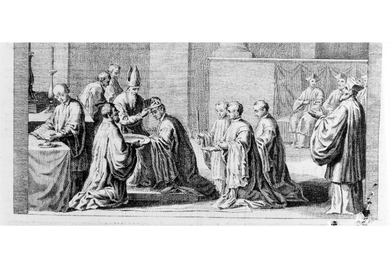 rito di investitura di un chierico (stampa) di Rossi Andrea (terzo quarto sec. XVIII)