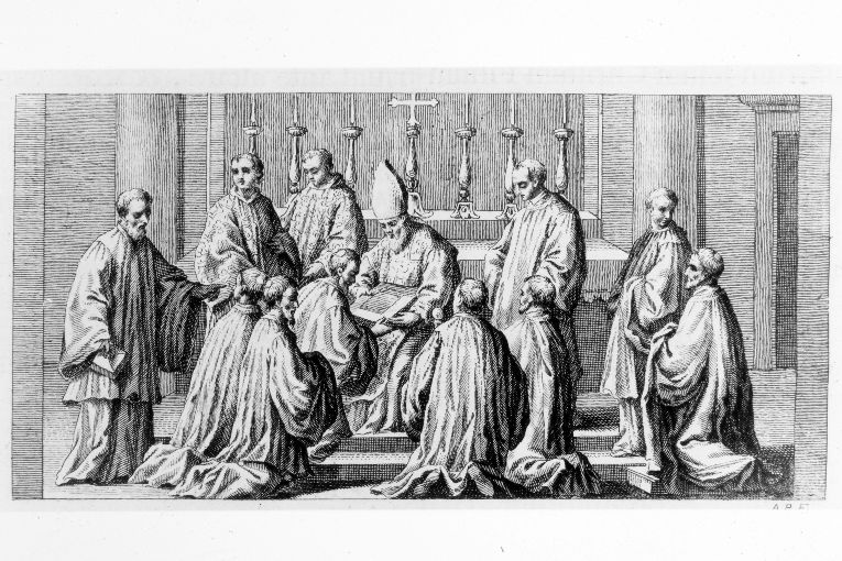 rito di ordinazione degli Esorcisti (stampa) di Rossi Andrea (terzo quarto sec. XVIII)