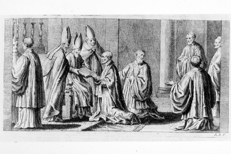 rito di consacrazione di un nuovo vescovo: consegna del Vangelo (stampa) di Rossi Andrea (terzo quarto sec. XVIII)