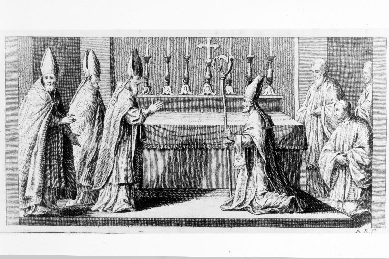 rito di consacrazione di un nuovo vescovo (stampa) di Rossi Andrea (terzo quarto sec. XVIII)