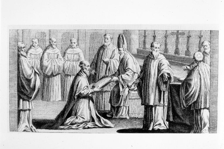 cerimonia di benedizione di un abate: consegna della Regola (stampa) di Rossi Andrea (terzo quarto sec. XVIII)