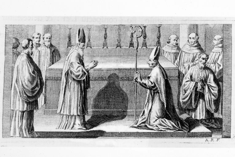 cerimonia di benedizione di un abate (stampa) di Rossi Andrea (terzo quarto sec. XVIII)