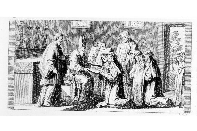 cerimonia di consacrazione delle monache: consegna del Libro d'Ore (stampa) di Rossi Andrea (terzo quarto sec. XVIII)