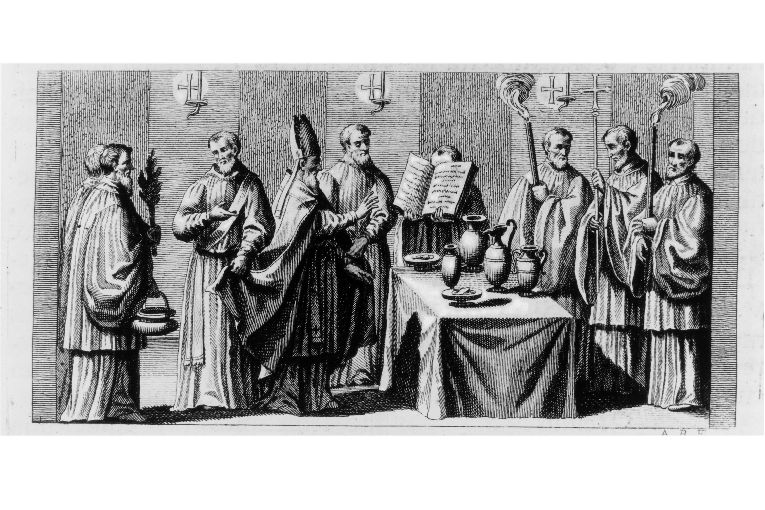 benedizione dell'acqua con sale, cenere e vino (stampa) di Rossi Andrea (terzo quarto sec. XVIII)