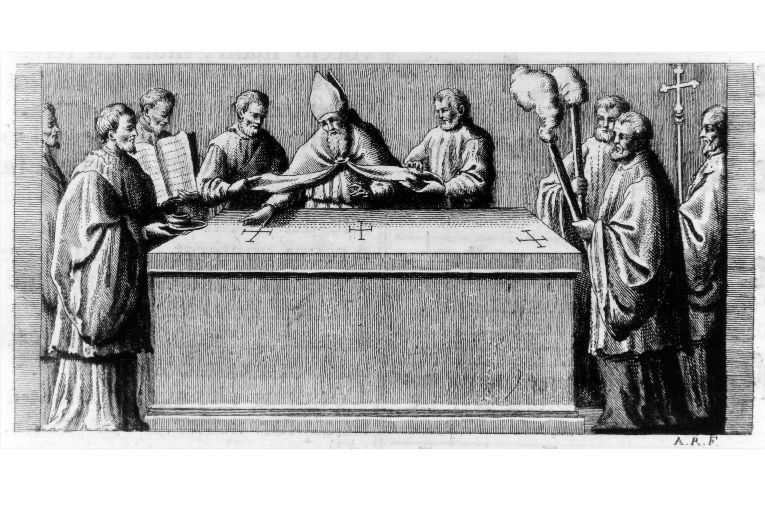 il Pontefice segna cinque volte l'altare (stampa) di Rossi Andrea (terzo quarto sec. XVIII)