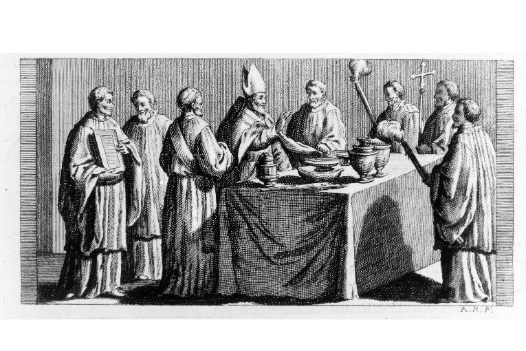 cerimonia di consacrazione degli altari laterali (stampa) di Rossi Andrea (terzo quarto sec. XVIII)