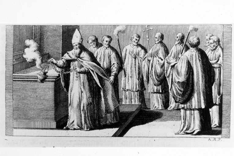 cerimonia di consacrazione degli altari laterali: incensazione dell'altare (stampa) di Rossi Andrea (terzo quarto sec. XVIII)
