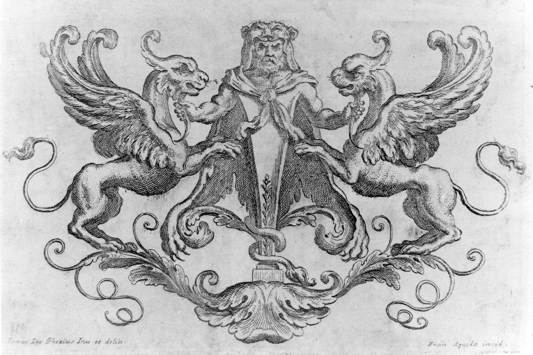 erma di Ercole con leoni alati (stampa) di Aquila Francesco Faraone, Ghezzi Pietro Leo (sec. XVIII)