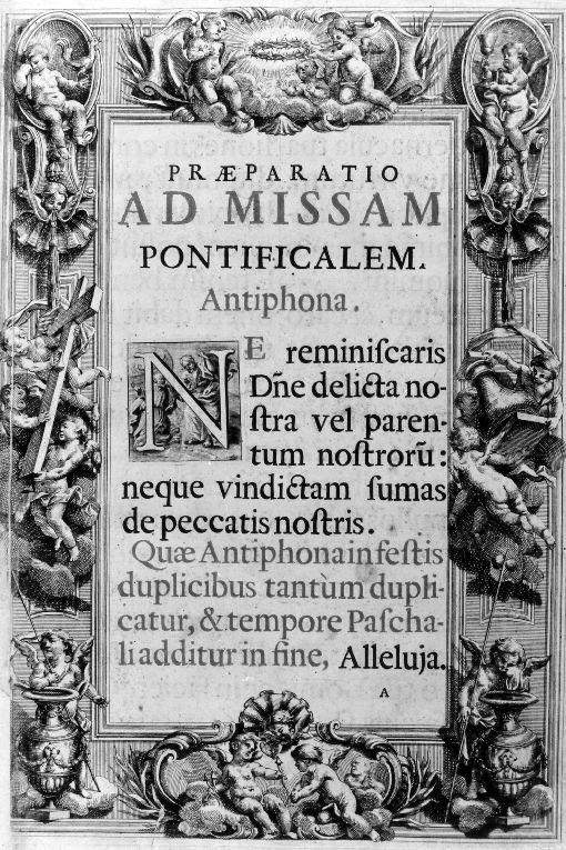cornice con gloria di angeli con i simboli della Passione (stampa) - ambito romano (sec. XVIII)
