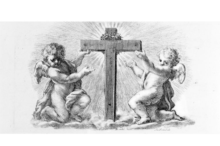 croce del Golgota fra due angeli (stampa) di Passari Giovanni, Freii Giacomo (sec. XVIII)